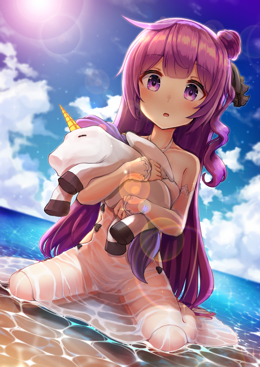 absurdres azur_lane backlighting bangs bare_shoulders black_bow black_ribbon blue_sky blush bow cloud commentary day detached_sleeves dress dutch_angle english_commentary eyebrows_visible_through_hair gui_ss hair_bun hair_ribbon halterneck highres horizon long_hair long_sleeves looking_at_viewer object_hug ocean one_side_up outdoors parted_lips purple_eyes purple_hair revision ribbon see-through side_bun sitting sky sleeves_past_wrists solo stuffed_alicorn stuffed_animal stuffed_toy unicorn_(azur_lane) very_long_hair wariza water wet wet_clothes wet_dress white_dress