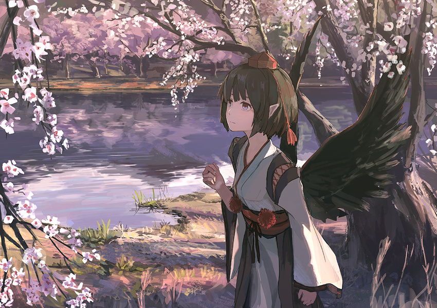 alternate_eye_color bad_id bad_pixiv_id black_hair black_wings day feathered_wings female hat kourindou_tengu_costume lake long_sleeves outdoors pointy_ears purple_eyes saltlaver sash shameimaru_aya short_hair solo spring_(season) standing tengu tokin_hat touhou tree water wide_sleeves wings