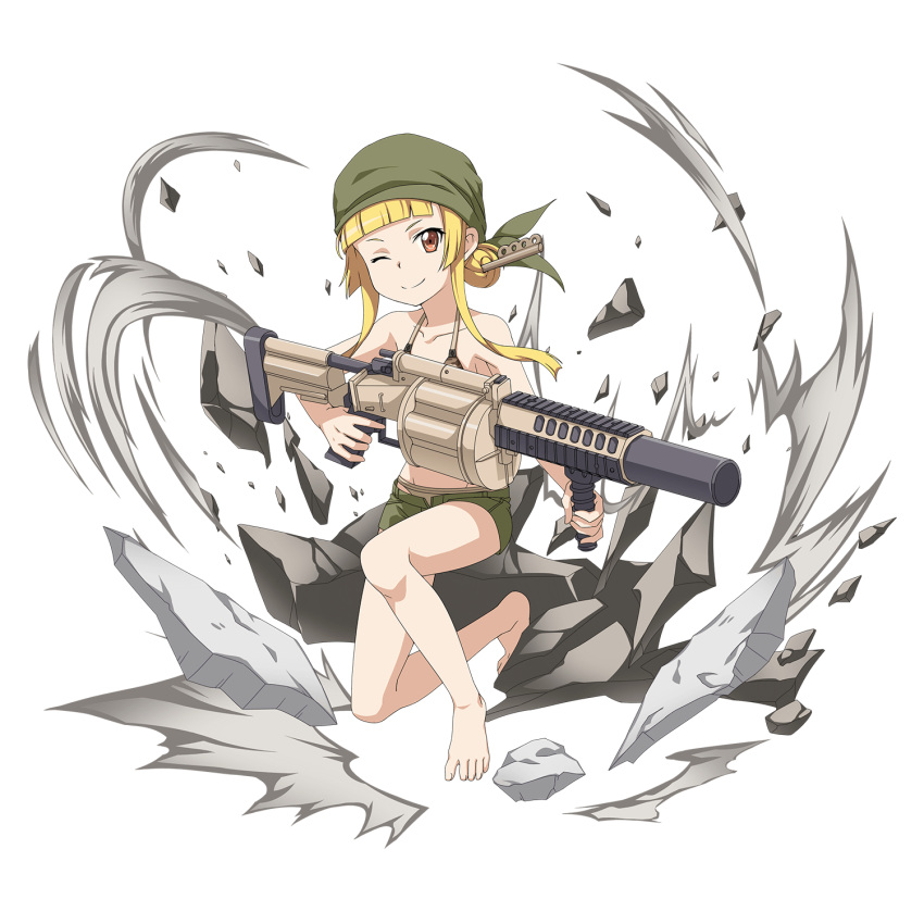 ;) bad_id bandana barefoot bikini blonde_hair blunt_bangs breasts brown_bikini collarbone female fukaziroh_(sao) full_body green_bandana green_shorts gun hair_bun highres holding holding_gun holding_weapon knife_in_hair looking_at_viewer official_art on_one_knee one_eye_closed orange_eyes rifle short_shorts shorts sideboob sidelocks single_hair_bun small_breasts smile solo swimsuit sword_art_online sword_art_online_alternative:_gun_gale_online transparent_background trench_knife weapon