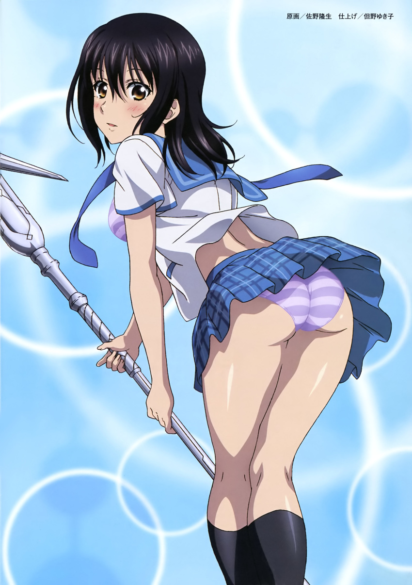 absurdres ass bent_over black_hair black_socks blue_skirt blush bra brown_eyes female from_below hair_between_eyes highres himeragi_yukina holding holding_weapon kneehighs kneepits long_hair looking_at_viewer looking_back miniskirt open_clothes open_mouth open_shirt panties pleated_skirt polearm purple_bra purple_panties saikai_academy_school_uniform sano_takao school_uniform shiny_clothes shiny_skin shirt skirt socks solo spear standing strike_the_blood striped_bra striped_clothes striped_panties underwear weapon white_shirt