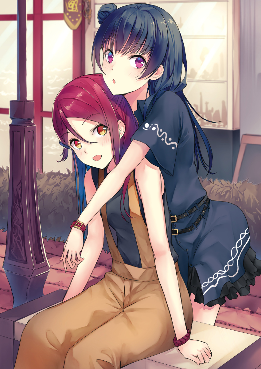 2girls :d absurdres bad_id bad_pixiv_id black_hair black_skirt bracelet brown_pants day hair_between_eyes hair_bun highres hug hug_from_behind jewelry layered_skirt long_hair looking_at_viewer love_live! love_live!_sunshine!! miniskirt multiple_girls open_mouth orange_eyes outdoors pants ranmaruuuu00 red_eyes red_hair sakurauchi_riko single_hair_bun sitting skirt smile standing suspenders tsushima_yoshiko