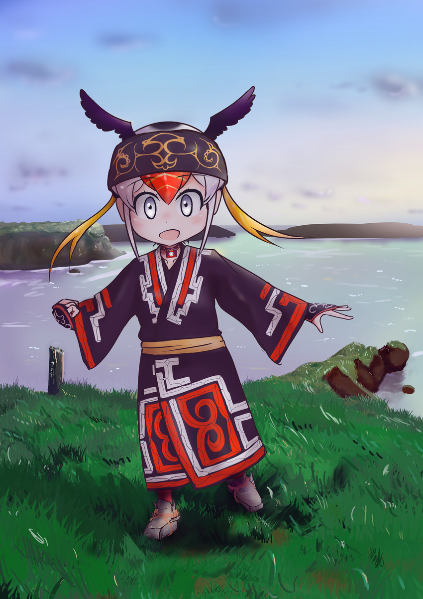 absurdres ainu ainu_clothes alternate_costume black_hair blonde_hair cloud commentary_request day feathered_wings female fuji_takanasu grass head_wings headband highres jewelry kemono_friends multicolored_hair necklace open_mouth outdoors purple_eyes red_hair solo tufted_puffin_(kemono_friends) water white_hair wings