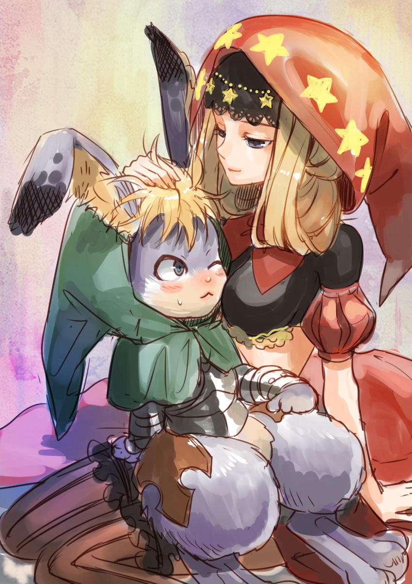 1boy armor bad_id bad_pixiv_id blonde_hair blue_eyes blush cornelius_(odin_sphere) elica_dayo female furry furry_male furry_with_non-furry highres hood interspecies long_hair odin_sphere pooka_(odin_sphere) sitting sitting_on_lap sitting_on_person straight thighhighs velvet_(odin_sphere)