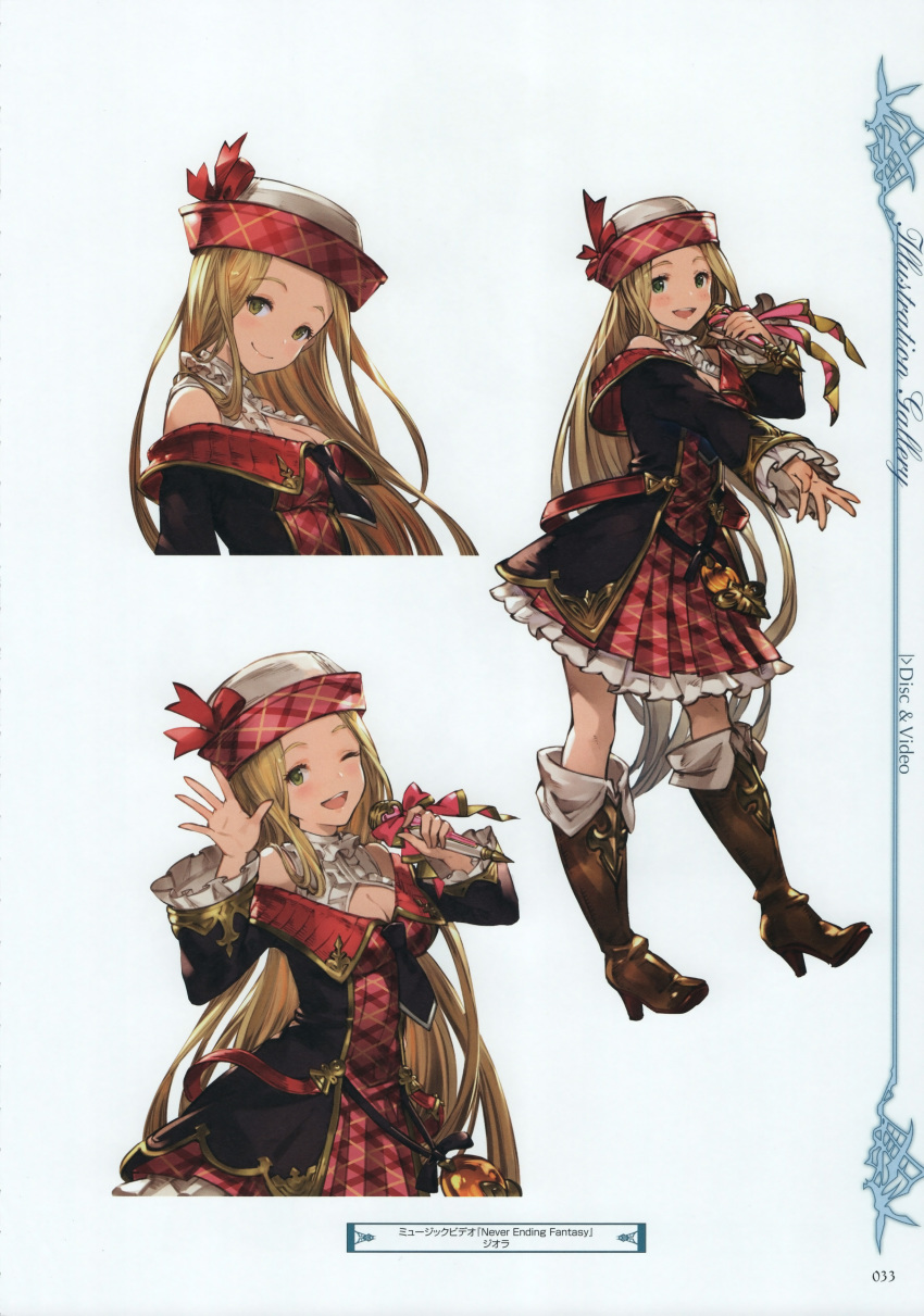 absurdres blonde_hair boots breasts brown_eyes brown_footwear cleavage closed_mouth diola_(granblue_fantasy) dress female frilled_sleeves frills granblue_fantasy hat high_heel_boots high_heels highres holding holding_microphone knee_boots long_hair long_sleeves looking_at_viewer medium_breasts microphone minaba_hideo multiple_views necktie official_art one_eye_closed open_mouth page_number photoshop_(medium) scan smile