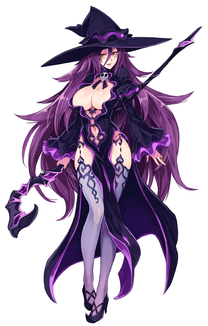 absurdres breasts clothing_cutout dark_mage_(monster_girl_encyclopedia) enty_reward female full_body hat high_heels highres jewelry kenkou_cross large_breasts long_hair looking_at_viewer monster_girl_encyclopedia navel navel_cutout official_art paid_reward pelvic_curtain pointy_footwear purple_hair purple_theme purple_thighhighs revealing_clothes ring shoes simple_background solo staff thighhighs very_long_hair white_background wide_sleeves witch witch_hat yellow_eyes