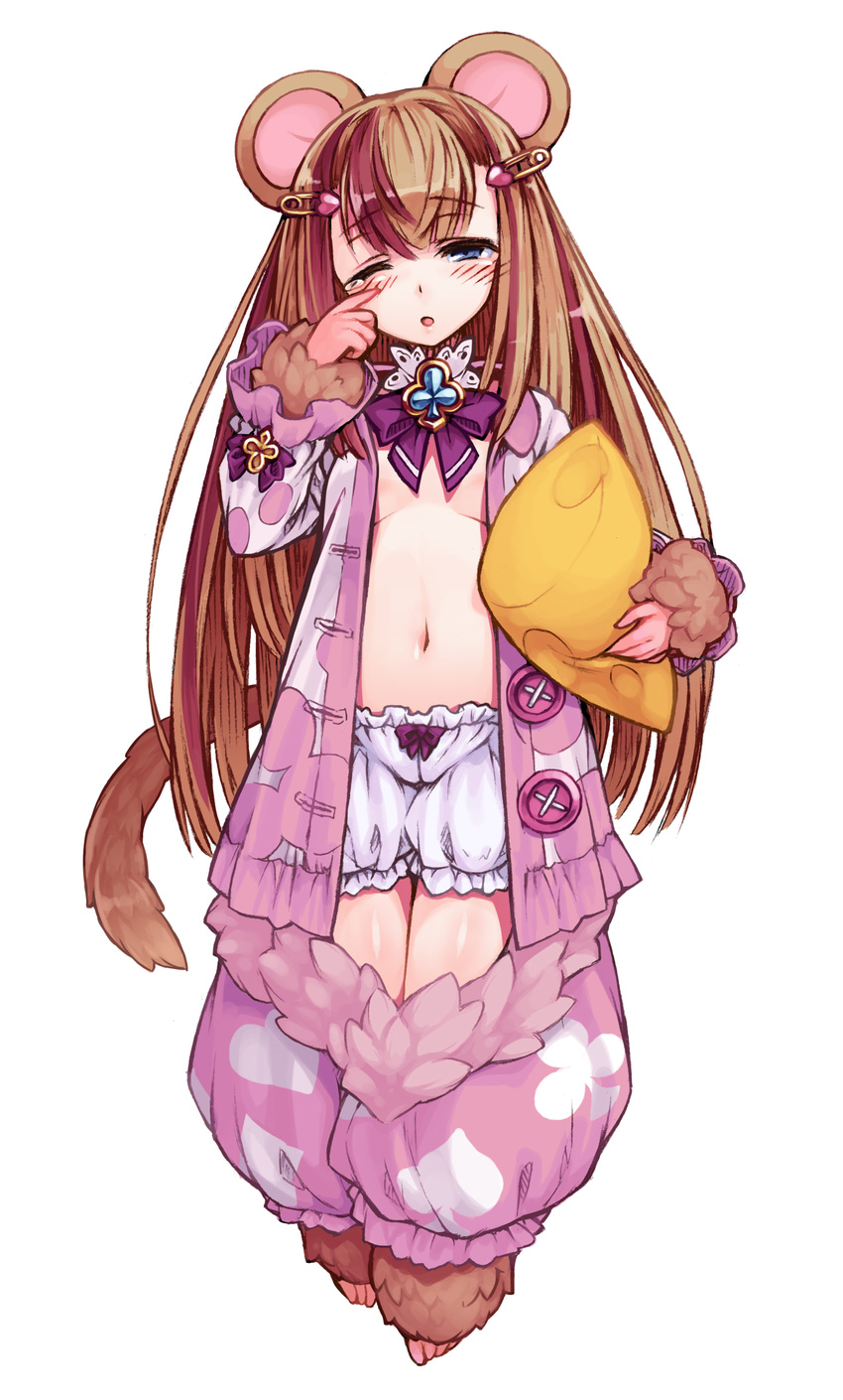 ;o absurdres animal animal_ears bad_source barefoot bloomers blue_eyes blush book bow bow_bloomers bowtie breasts brooch brown_hair buttons cheese club_(shape) diamond_(shape) dormouse_(monster_girl_encyclopedia) enty_reward female food frills full_body highres jewelry kenkou_cross long_hair looking_at_viewer monster_girl monster_girl_encyclopedia mouse_ears mouse_girl mouse_tail navel official_art one_eye_closed open_clothes open_shirt paid_reward pajamas pants pillow puffy_pants shirt simple_background sleepy small_breasts solo spade_(shape) standing tail tears thigh_gap thighhighs turtleneck unbuttoned underwear very_long_hair white_background wiping_tears zettai_ryouiki