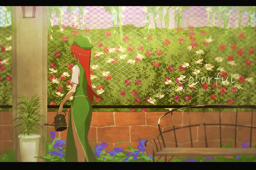 akimikan_(2.5deciliter) bench beret brick_wall chain-link_fence chinese_clothes commentary_request english_text facing_away female fence flower gardening hat highres hong_meiling letterboxed long_hair outdoors plant potted_plant puffy_short_sleeves puffy_sleeves red_hair short_sleeves skirt skirt_set solo touhou wall watering_can