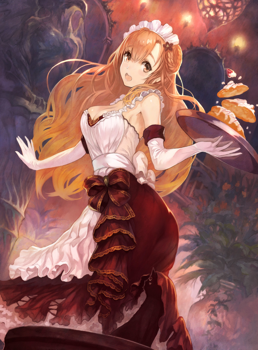 absurdres braid breasts carrying cleavage dress elbow_gloves female food french_braid gloves highres large_breasts layered_dress long_hair looking_at_viewer lyuritis_(yoru_no_nai_kuni) official_art open_mouth orange_eyes orange_hair photoshop_(medium) solo tray yoru_no_nai_kuni yoshiku_(oden-usagi)