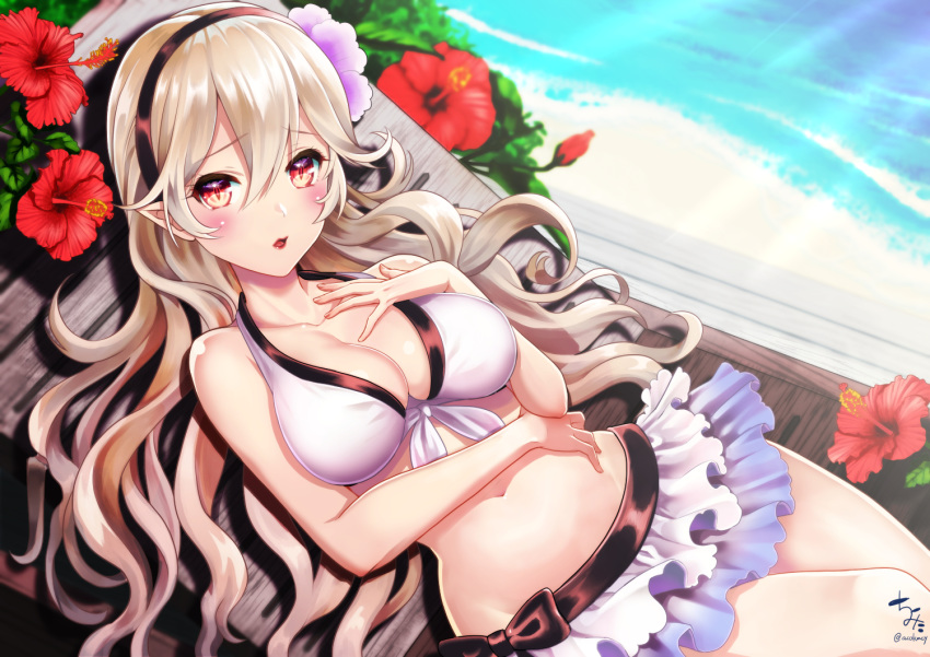 bare_arms bare_shoulders beach bikini bikini_skirt blurry blurry_background blush breasts chair cleavage collarbone commentary_request corrin_(female)_(fire_emblem) corrin_(female)_(summer)_(fire_emblem) corrin_(fire_emblem) day dutch_angle female fire_emblem fire_emblem_fates fire_emblem_heroes flower front-tie_bikini_top front-tie_top hair_between_eyes head_tilt hibiscus kumehara_chiyota light_brown_hair lips long_hair looking_at_viewer lounge_chair lying medium_breasts official_alternate_costume on_back outdoors parted_lips pointy_ears purple_flower red_eyes red_flower sand signature solo swimsuit twitter_username very_long_hair water white_bikini