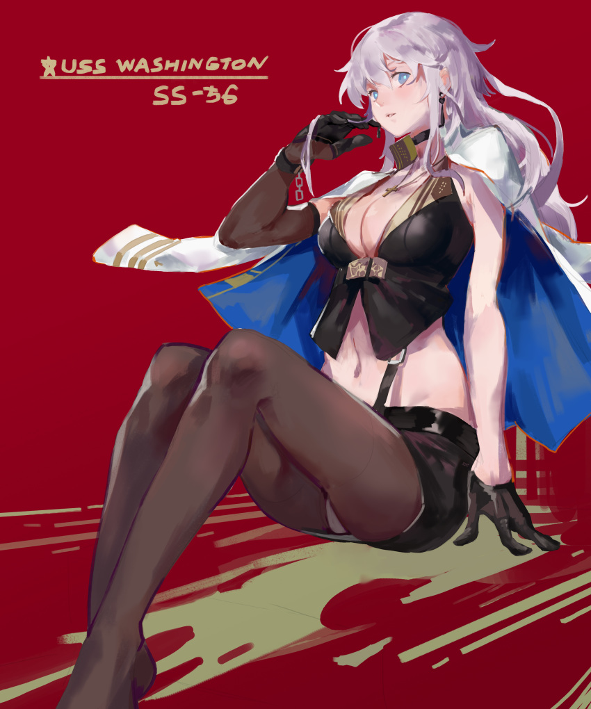 absurdres alternate_hair_length alternate_hairstyle aqua_eyes azur_lane black_gloves black_pantyhose breasts character_name choker cleavage coat commentary_request cropped_jacket earrings elbow_gloves female full_body gloves grey_hair hand_in_own_hair highres jacket jacket_on_shoulders jewelry legs_together long_hair looking_at_viewer medium_breasts midriff miniskirt narakuuu navel panties pantyhose pantyshot parted_lips photoshop_(medium) red_background simple_background sitting skirt sleeveless solo underwear washington_(azur_lane) white_panties