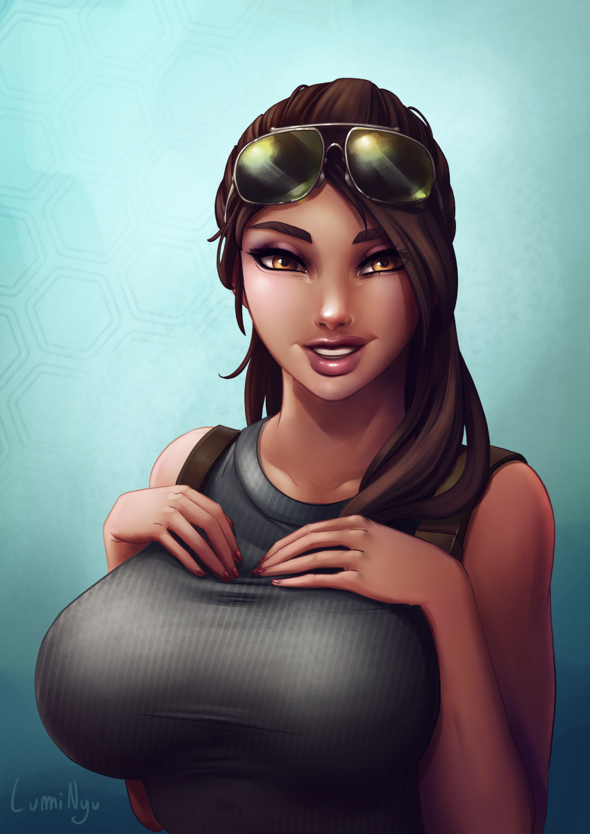 absurdres aqua_background artist_name bare_shoulders breast_suppress breasts brown_eyes brown_hair collarbone commentary eyeshadow eyewear_on_head female fortnite highres large_breasts long_hair luminyu makeup nail_polish open_mouth parted_lips ramirez_(fortnite) ribbed_shirt shirt simple_background sleeveless sleeveless_shirt smile solo sunglasses swept_bangs tank_top