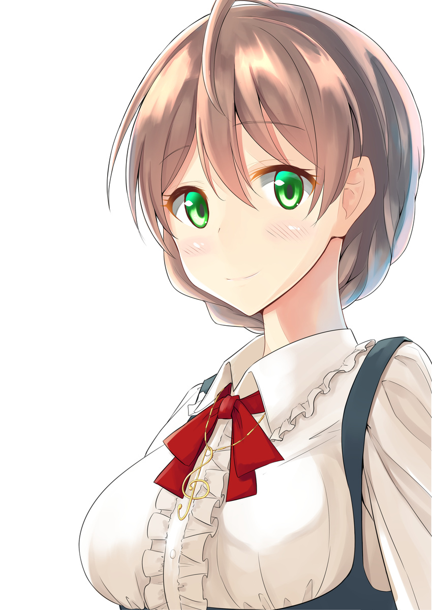 absurdres ahoge blush braid breasts center_frills commentary_request female frills green_eyes highres idolmaster idolmaster_million_live! idolmaster_million_live!_theater_days light_brown_hair looking_at_viewer medium_breasts megurumiru sakuramori_kaori short_hair smile solo tied_hair