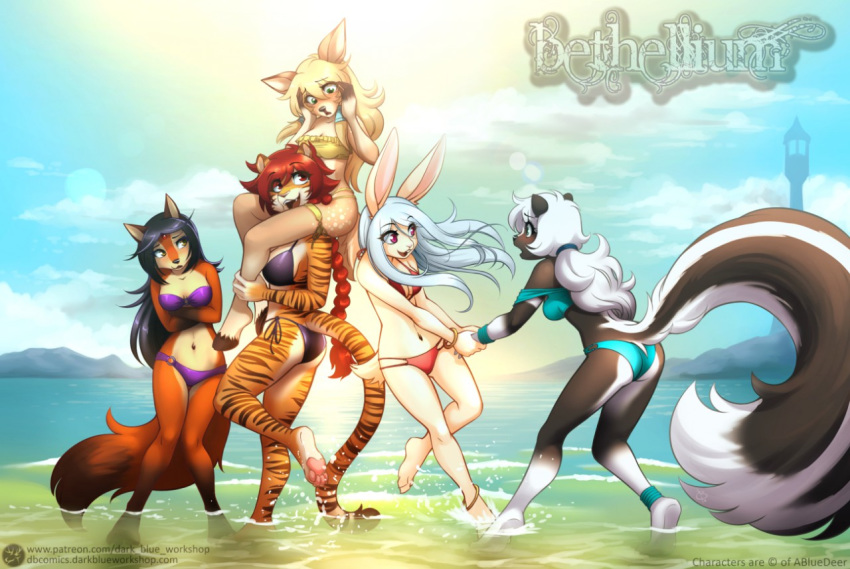 2018 4_toes abluedeer anthro ass auri_(bethellium) barefoot beach bethellium bikini black_body black_fur black_hair blonde_hair blue_hair blush bracelet canid canine clothing deer digital_media_(artwork) elle_(bethellium) feet felid female fox fur group hair jewelry katherine_(bethellium) lagomorph leporid long_hair mammal mephitid navel pantherine pawpads pink_pawpads pinup playing ponytail pose rabbit red_body red_fur red_hair seaside shaded skunk sky smile soles sonette_(bethellium) striped_skunk summer sun swimwear tiger toes water white_body white_fur white_hair zoana_(bethellium)