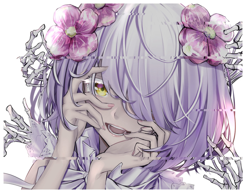 bare_shoulders close-up commentary distortion female flower hair_between_eyes hair_flower hair_ornament hair_over_one_eye hand_on_own_face highres kudou_chitose looking_at_viewer nail_polish nijisanji open_mouth pink_flower pink_nails pirapirapirapira portrait short_hair skeletal_hand sleeveless smile solo virtual_youtuber wavy_hair white_hair yellow_eyes