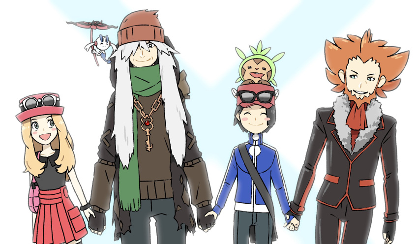 3boys :d az_(pokemon) beard black_eyes blonde_hair blue_jacket blush_stickers calem_(pokemon) chespin closed_mouth collared_shirt commentary_request eyewear_on_headwear facial_hair female fingerless_gloves floette floette_(eternal) fur-trimmed_jacket fur_trim gloves green_scarf grey_eyes grey_hair hat highres holding_hands jacket jewelry key komepan long_hair long_sleeves lysandre_(pokemon) multiple_boys necklace on_head open_mouth orange_hair pants parted_lips pink_headwear pleated_skirt pokemon pokemon_(creature) pokemon_on_head pokemon_xy red_headwear red_skirt scarf serena_(pokemon) shirt skirt sleeveless sleeveless_shirt smile sunglasses sweater turtleneck turtleneck_jacket