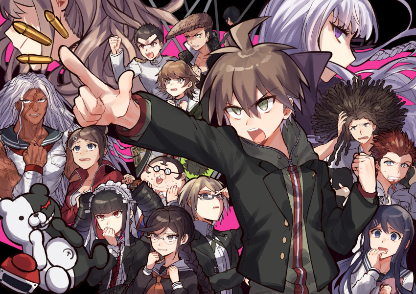 6+boys 6+girls ahoge arm_up asahina_aoi bad_id bad_pixiv_id black_hair black_jacket black_ribbon blue_eyes braid brown_hair brown_hoodie bullet celestia_ludenberg claw_ring clenched_teeth commentary_request covering_own_mouth danganronpa:_trigger_happy_havoc danganronpa_(series) dark-skinned_female dark_skin enoshima_junko everyone facial_hair fat fat_man floating floating_object fujisaki_chihiro fukawa_toko glasses green_eyes hagakure_yasuhiro hair_ornament hair_ribbon hair_up hairclip highres hood hoodie ikusaba_mukuro ishimaru_kiyotaka jacket kirigiri_kyoko kuwata_leon long_hair maizono_sayaka monokuma multiple_boys multiple_girls muscular muscular_female naegi_makoto necktie ogami_sakura open_mouth otoko_no_ko owada_mondo pointing purple_eyes red_hair ribbon scar scar_on_face school_uniform serafuku short_hair smile spiked_hair sumeshiruko sweat teeth togami_byakuya twin_braids twintails upper_body very_short_hair white_hair white_jacket yamada_hifumi