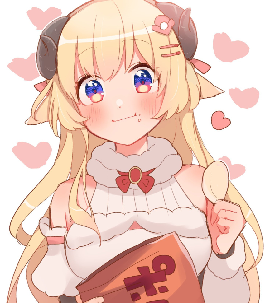 animal_ears bad_id bad_twitter_id bag_of_chips blonde_hair blue_eyes blush breasts chips_(food) crumbs eating female food food_on_face heart highres hololive horns long_hair looking_at_viewer medium_breasts potato_chips sheep_ears sheep_girl sheep_horns smile solo tamawo_(mu_gi2) tsunomaki_watame tsunomaki_watame_(1st_costume) upper_body virtual_youtuber white_background