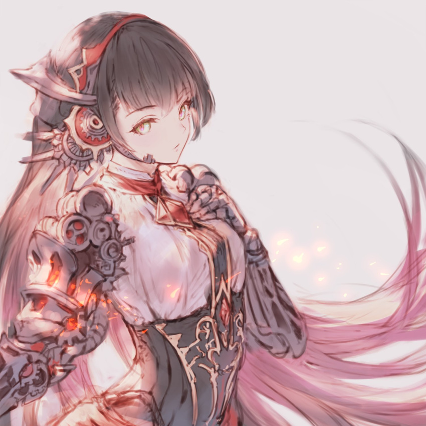 android armor black_hair breasts closed_mouth commentary dress female gears gem hair_ornament highres joints long_hair looking_at_viewer mono_(shadowverse) n.a. red_eyes robot_joints shadowverse solo symbol-only_commentary