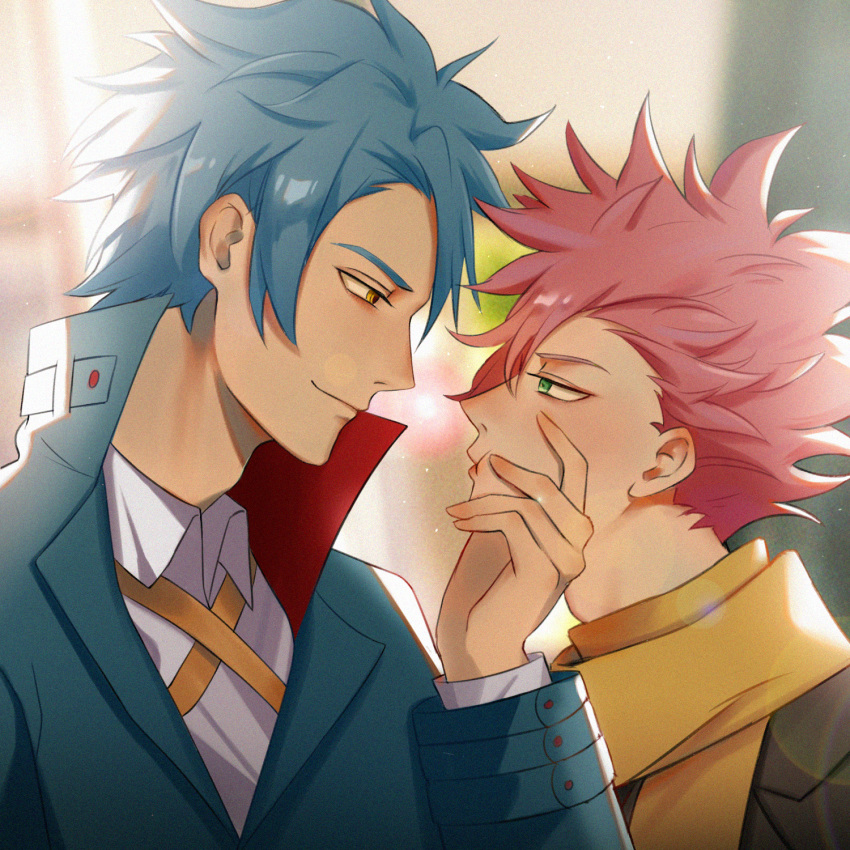 2boys aoi_harusumi blue_hair commentary_request eye_contact formal fukuda_tamotsu green_eyes highres id_:invaded looking_at_another male_focus messy_hair multiple_boys narihisago_akihito photoshop_(medium) pink_hair pursed_lips scarf suit upper_body yellow_eyes yellow_scarf