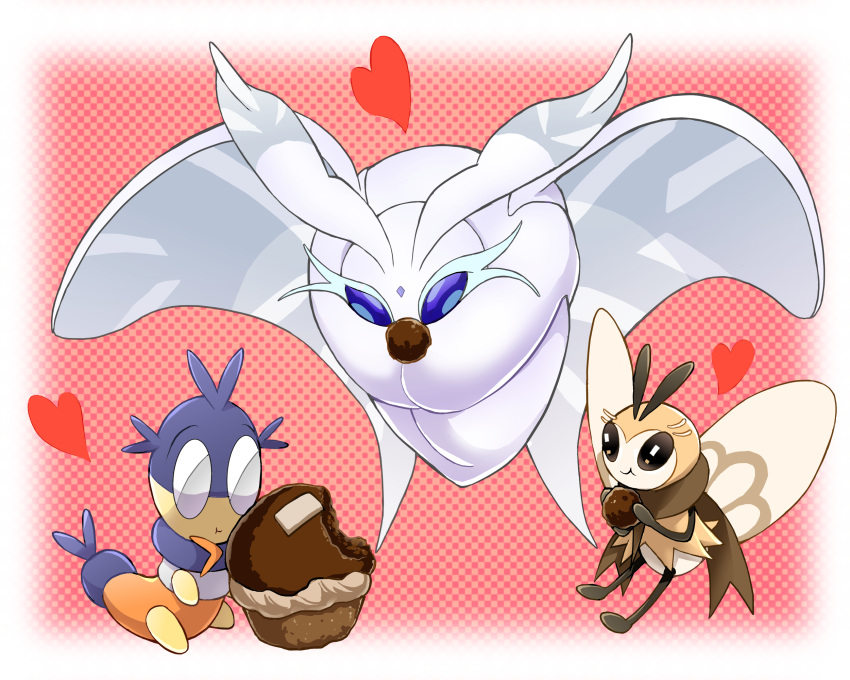 :t animal_focus blipbug blue_eyes border brown_eyes bug chocolate closed_mouth commentary_request eating frosmoth heart highres moth mouth_hold no_humans pokemon pokemon_(creature) rakkokun_tondoru ribombee smile white_border