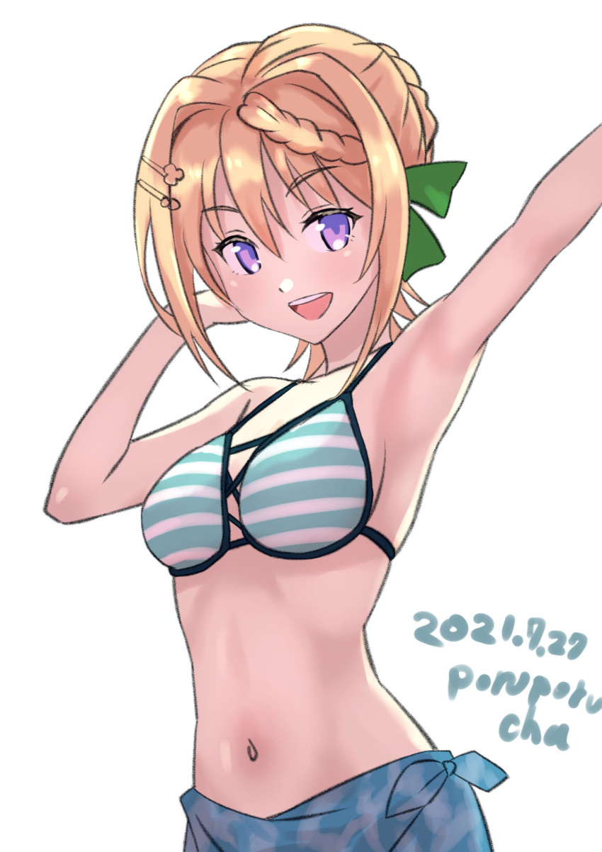 arm_up armpits bikini braid braided_bangs braided_bun breasts dated female green_ribbons hair_between_eyes hair_bun hair_ornament hair_ribbon hairclip highres kantai_collection medium_breasts one-hour_drawing_challenge open_mouth perth_(kancolle) perth_(swimsuit_mode)_(kancolle) porupurucha purple_eyes ribbon sarong signature simple_background single_hair_bun solo striped_bikini striped_clothes swimsuit white_background