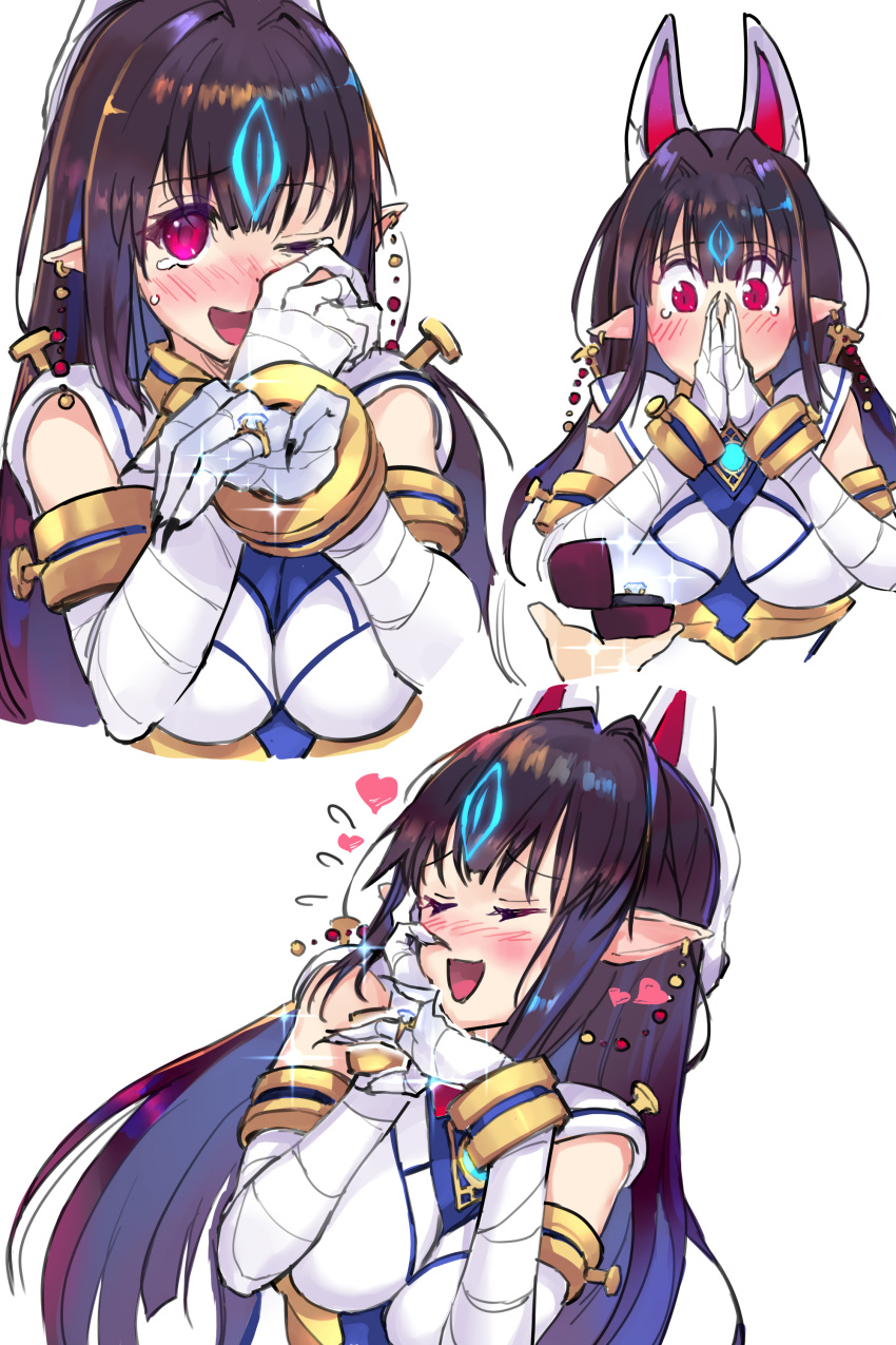 absurdres animal_ears aura black_hair blush breasts earrings female fox_mask hair_ornament happy_tears heart highres japanese_clothes jewelry kasandra_(xenoblade) large_breasts long_hair looking_at_viewer marriage_proposal mask negresco one_eye_closed open_mouth ornate_ring pointy_ears red_eyes ring ring_box simple_background smile solo tears wedding_ring white_background xenoblade_chronicles_(series) xenoblade_chronicles_2