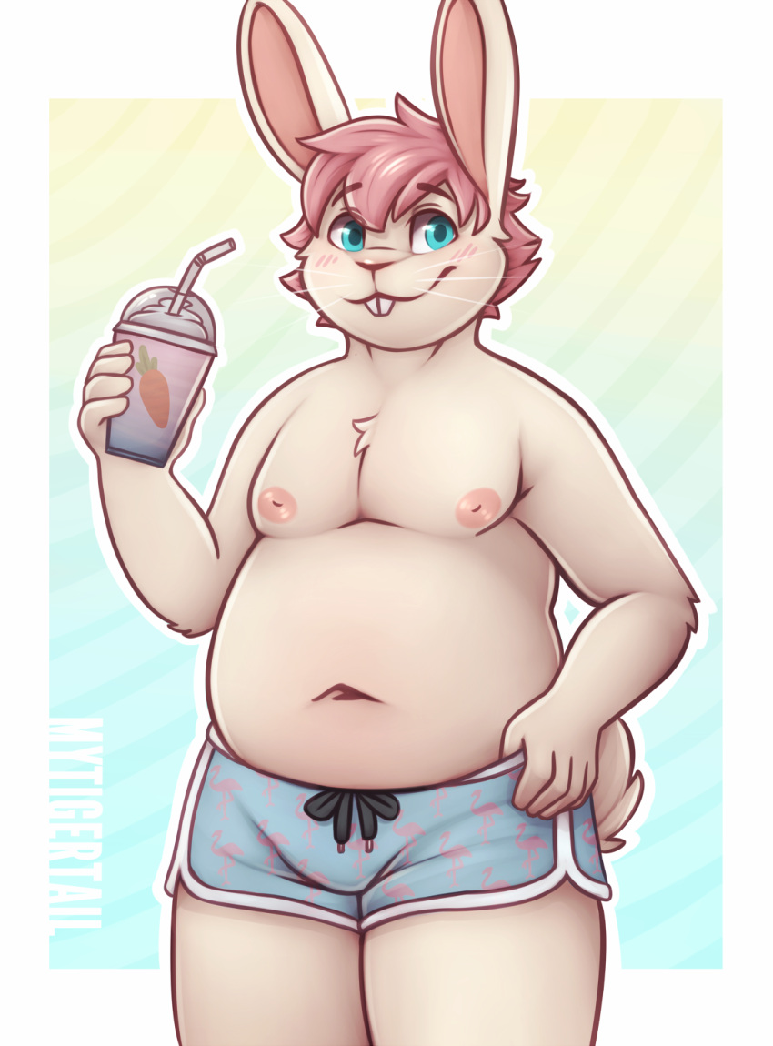 2023 anthro beverage blue_eyes blush buckteeth clothed clothing fur hair hi_res lagomorph leporid male mammal milkshake mytigertail navel nipples pink_hair rabbit simple_background slightly_chubby slightly_chubby_anthro slightly_chubby_male smile solo swimming_trunks swimwear tan_body tan_fur teeth topless topless_anthro topless_male