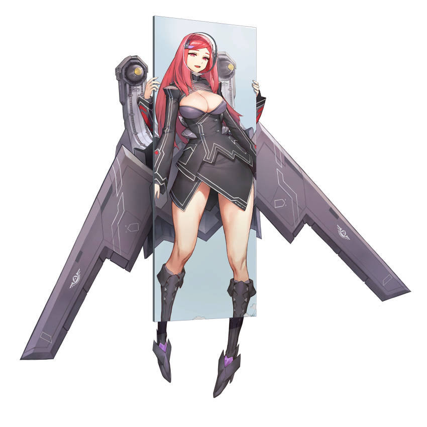 airplane_hair_ornament black_dress boots breast_envy breasts cleavage cleavage_cutout clothing_cutout dress empty_eyes face_cutout female flat_chest_joke full_body game_cg hair_ornament hairclip highres kakiman last_origin looking_at_viewer medium_breasts night_angel_(last_origin) official_art red_eyes red_hair smile solo tachi-e transparent_background wings