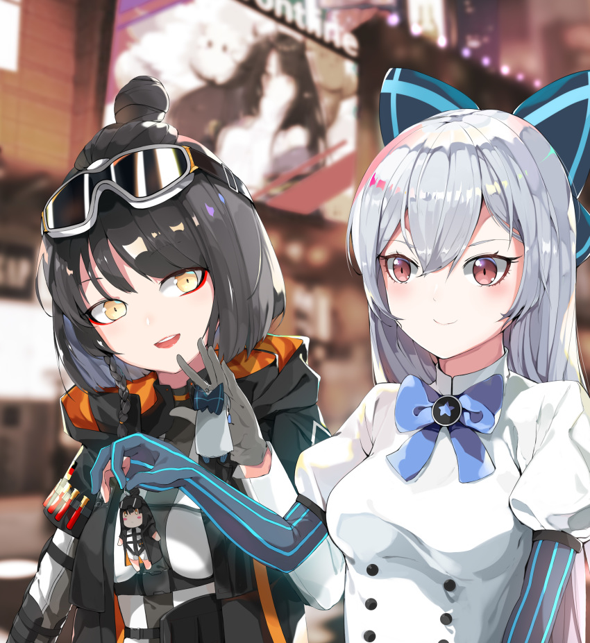 3girls absurdres armband black_bow black_gloves blue_bow blue_stripes blurry bob_cut bow bowtie braid brooch c-ms_(girls'_frontline) caws_(girls'_frontline) character_doll chinese_commentary city commentary_request depth_of_field elbow_gloves eyelashes eyeshadow german_flag girls'_frontline gloves goggles goggles_on_head grey_hair hairbow highres hood hooded_jacket jacket jewelry long_hair longzi_(lez) makeup multiple_girls night open_mouth outdoors partially_fingerless_gloves red_eyes red_eyeshadow shopping ski_goggles smile striped_clothes striped_gloves tokarev_(girls'_frontline) tsurime upper_body vertical-striped_clothes vertical-striped_gloves yellow_eyes