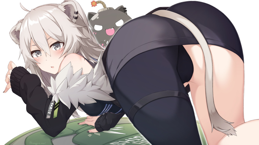 ahoge all_fours animal_ears ass bad_id bad_pixiv_id bent_over black_jacket black_nails black_pantyhose black_shirt blush breasts claw_pose commentary ear_piercing female fingernails full_body fur-trimmed_jacket fur_trim grey_eyes grey_hair grey_skirt hair_between_eyes highres hololive jacket large_breasts lion_ears lion_girl lion_tail long_hair looking_at_viewer messy_hair miniskirt nail_polish otaku_heishi pantyhose parted_lips piercing sharp_fingernails shirt shishiro_botan shishiro_botan_(1st_costume) single_leg_pantyhose skirt sleeveless sleeveless_shirt solo ssrb_(shishiro_botan) tail thigh_strap two_side_up virtual_youtuber