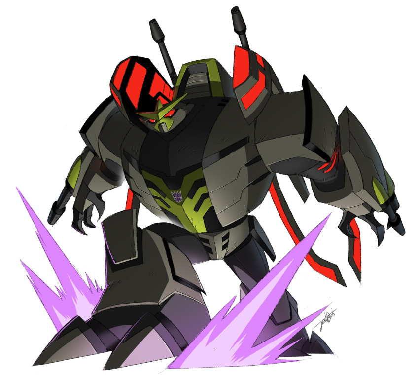 1boy absurdres aircraft arm_cannon blackout_(transformers) decepticon gun helicopter highres jeetdoh mecha military red_eyes robot shockwave stomping transformers transformers_animated turret weapon