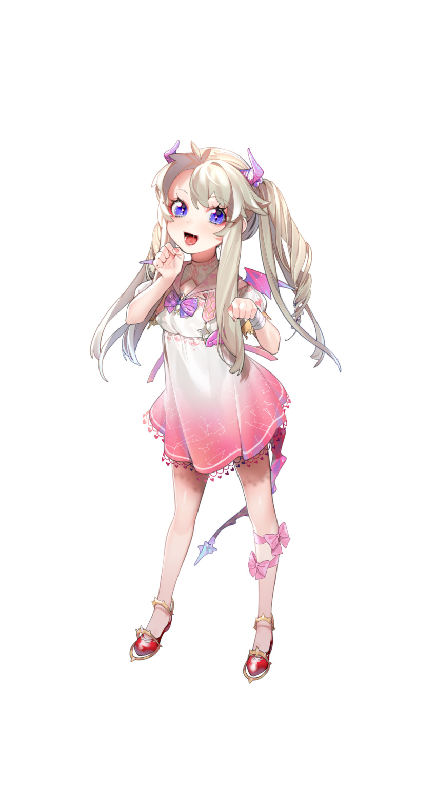 :d absurdres blonde_hair bow bowtie commentary_request demon_horns demon_tail demon_wings dress drill_hair female fingernails full_body gradient_dress hands_up herme_(ohisashiburi) highres horns lolicon long_hair looking_at_viewer mini_wings oerba_yun_fang ohisashiburi open_mouth original paw_pose pink_bow pink_dress pink_nails pink_sailor_collar purple_bow purple_bowtie purple_eyes quad_tails red_footwear sailor_collar sailor_dress shin_strap shoes simple_background smile solo standing tail white_background white_dress wings wristband