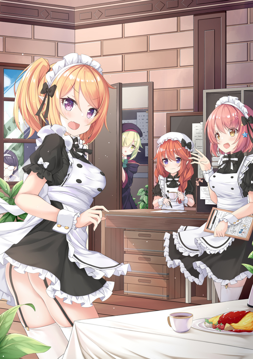 5girls absurdres aoi_(princess_connect!) aoi_(transfer_student)_(princess_connect!) apron ass beret black_bow blush bow bowtie braid breasts chieru_(princess_connect!) chloe_(princess_connect!) clipboard commentary cup elf food garter_straps hair_between_eyes hair_ornament hair_over_one_eye hairbow hat highres holding holding_clipboard holding_pen long_hair looking_at_viewer looking_back lr_(last_remote_514) maid maid_headdress multiple_girls open_mouth orange_hair peeking_out pen pink_hair pointy_ears ponytail princess_connect! school_uniform short_hair st._theresa's_girls_academy_school_uniform star_(symbol) star_hair_ornament symbol-only_commentary table thighhighs twin_braids white_bow white_thighhighs yuni_(princess_connect!)