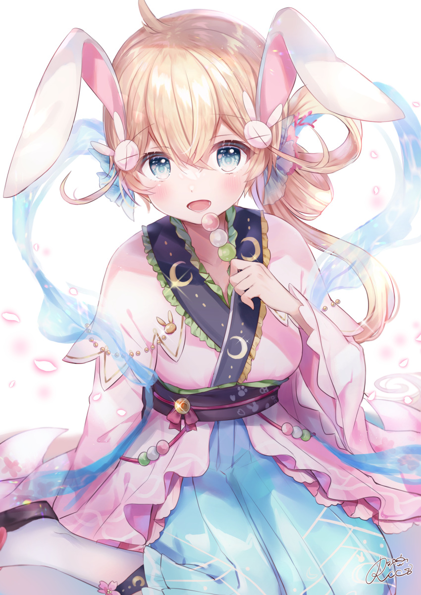 :d absurdres animal_ears black_footwear blonde_hair blue_eyes blue_hakama blush breasts commentary_request dango female food hagoromo hair_between_eyes hakama hakama_skirt highres holding holding_food japanese_clothes kimono long_hair long_sleeves looking_at_viewer medium_breasts obi open_mouth petals pink_kimono rabbit_ears rucaco sandals sanshoku_dango sash shawl shironeko_project signature skirt smile socks solo tsukimi_(shironeko_project) wagashi white_background white_socks wide_sleeves zouri