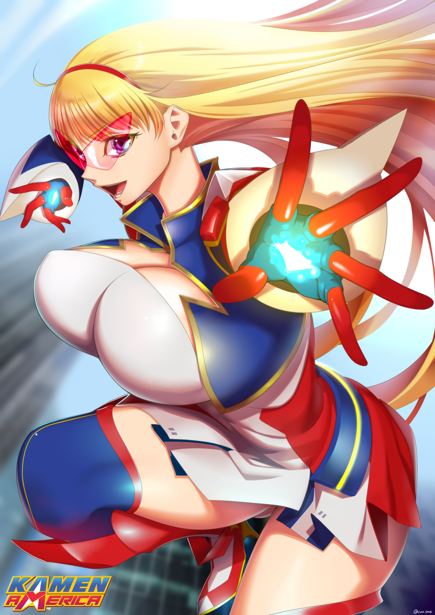 blonde_hair blue_eyes blurry blurry_background boots breasts cleavage cleavage_cutout clothing_cutout copyright_name covered_navel covered_nipples dress energy female floating_hair from_side glasses gloves hairband high_heels highres huge_breasts kamen_america_(comic) kamen_victory kohcy large_breasts long_hair looking_at_viewer open_mouth outdoors purple_eyes reaching reaching_towards_viewer short_dress sideways_glance smile solo superhero_costume thighhighs tight_clothes tight_dress tinted_eyewear very_long_hair zettai_ryouiki