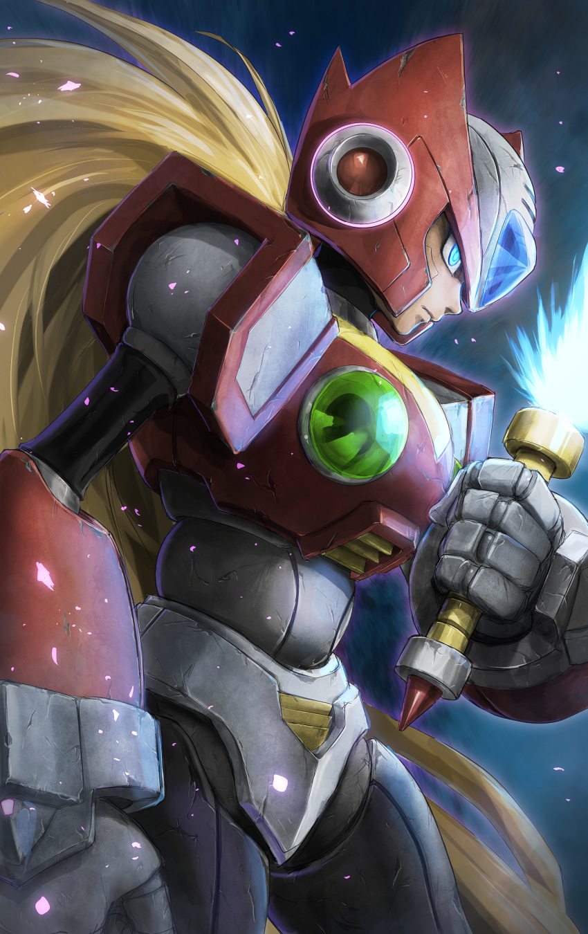 1boy android arm_at_side armor blonde_hair blue_background blue_eyes closed_mouth commentary_request cowboy_shot crack energy_sword from_side gloves gradient_background grey_gloves helmet highres holding holding_sword holding_weapon hoshi_mikan long_hair male_focus mega_man_(series) mega_man_x_(series) ponytail profile red_headwear robot_ears serious solo standing sword teppen very_long_hair weapon zero_(mega_man)