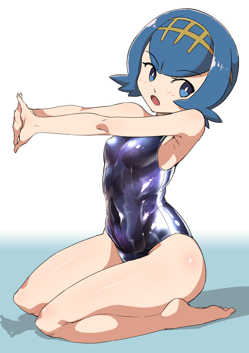 absurdres barefoot blue_one-piece_swimsuit blush breasts bright_pupils commentary_request female highres lana_(pokemon) moto_toshi new_school_swimsuit one-piece_swimsuit pokemon pokemon_sm school_swimsuit solo swimsuit tan tanlines