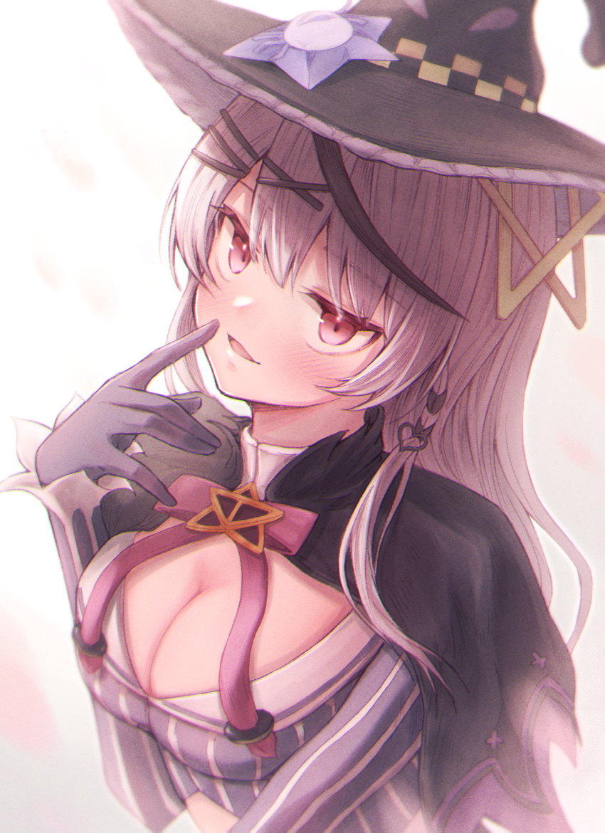 absurdres black_capelet black_gloves black_hair black_hat blush bow bowtie braid breasts brooch capelet check_commentary cleavage commentary_request cosplay cropped_shirt female finger_to_mouth gloves grey_hair grey_shirt hair_ornament hairclip hat highres hololive index_finger_raised jewelry large_breasts long_sleeves looking_at_viewer multicolored_hair murasaki_shion murasaki_shion_(1st_costume) murasaki_shion_(cosplay) official_alternate_hair_length official_alternate_hairstyle pink_bow pink_bowtie red_eyes sakamata_chloe shirt side_braid solo star_brooch streaked_hair striped_clothes striped_shirt upper_body vertical-striped_clothes vertical-striped_shirt virtual_youtuber witch witch_hat yoharu_tao