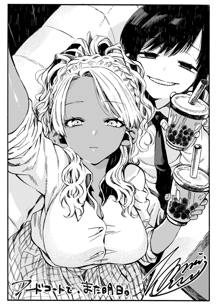 braid breasts bubble_tea commentary_request couch cup dark_skin disposable_cup drink drinking_straw food_court_de_mata_ashita greyscale grin gyaru hair_over_shoulder highres holding holding_cup large_breasts looking_up monochrome nariie_shin'ichirou necktie plaid plaid_skirt pleated_skirt school_uniform selfie shirt skirt smile straight_hair wada_(food_court) wavy_hair yamamoto_(food_court)