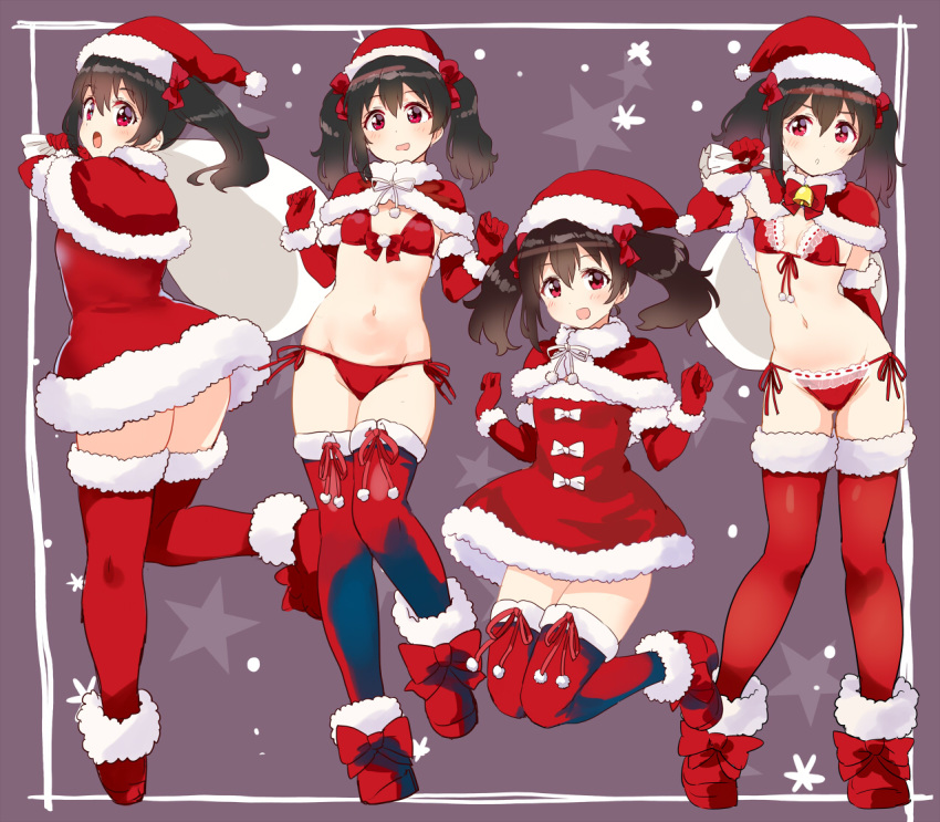 bikini black_hair bow breasts capelet christmas commentary_request female footwear_bow front-tie_top fur-trimmed_capelet fur_trim gloves hairbow hat holding holding_sack kurokawa_makoto looking_at_viewer love_live! love_live!_school_idol_project multiple_views navel open_mouth red_bikini red_bow red_capelet red_eyes red_footwear red_gloves red_headwear red_legwear sack santa_bikini santa_hat shoes side-tie_bikini_bottom small_breasts smile stomach swimsuit thighhighs twintails yazawa_nico