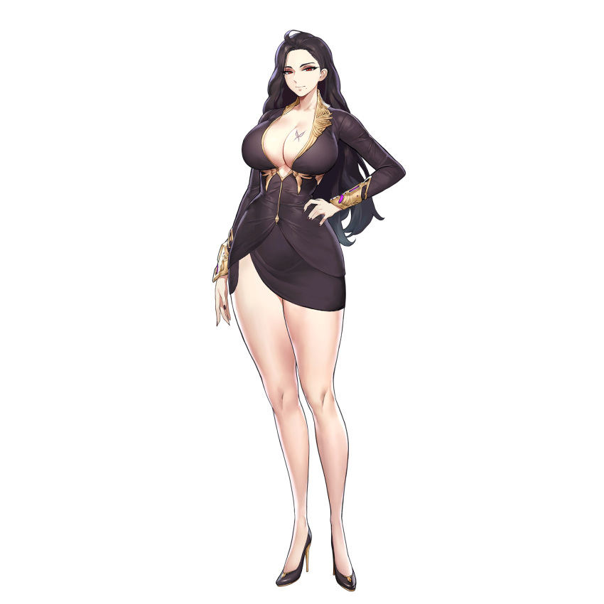 black_dress black_hair breast_tattoo breasts bug butterfly butterfly_tattoo cleavage dress female full_body game_cg high_heels highres huge_breasts kakiman last_origin lemonade_omega long_hair long_sleeves looking_at_viewer mole mole_under_mouth official_art red_eyes short_dress smile solo tachi-e tattoo thick_thighs thighs transparent_background