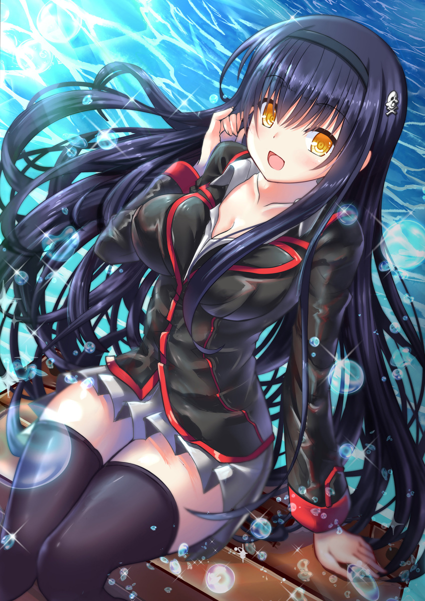 :d arm_support black_hairband black_jacket black_thighhighs blush bone_hair_ornament breasts cleavage collarbone commentary_request company_connection cosplay curvy day eyelashes eyes_visible_through_hair female floating_hair grey_skirt hair_between_eyes hair_ornament hairband hand_up highres jacket key_(company) kurugaya_yuiko kurugaya_yuiko_(cosplay) kushima_kamome large_breasts little_busters! little_busters!_school_uniform long_hair long_sleeves looking_at_viewer miniskirt ocean oku_no_ma open_mouth outdoors pleated_skirt school_uniform sidelocks skirt skull_and_crossbones skull_hair_ornament smile solo sparkle suitcase summer_pockets thighhighs thighs very_long_hair water_drop yellow_eyes zettai_ryouiki