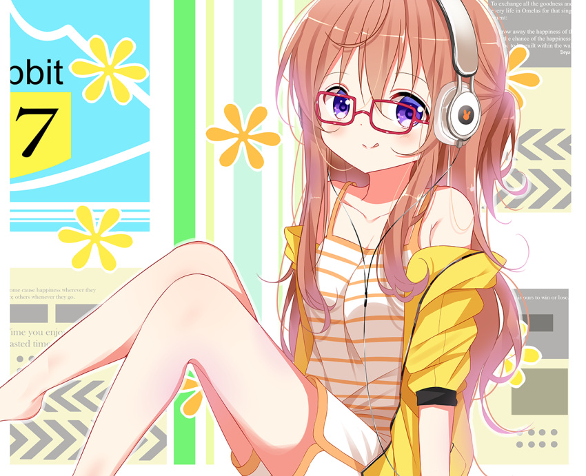 :q bare_legs barefoot bespectacled blush brown_hair camisole closed_mouth commentary_request deyui english_text feet_out_of_frame female glasses gochuumon_wa_usagi_desu_ka? hair_between_eyes headphones hood hood_down hooded_jacket hoto_mocha jacket knees_up long_hair off_shoulder open_clothes open_jacket purple_eyes red-framed_eyewear short_shorts short_sleeves shorts sitting smile solo striped striped_camisole tongue tongue_out very_long_hair white_camisole white_shorts yellow_jacket