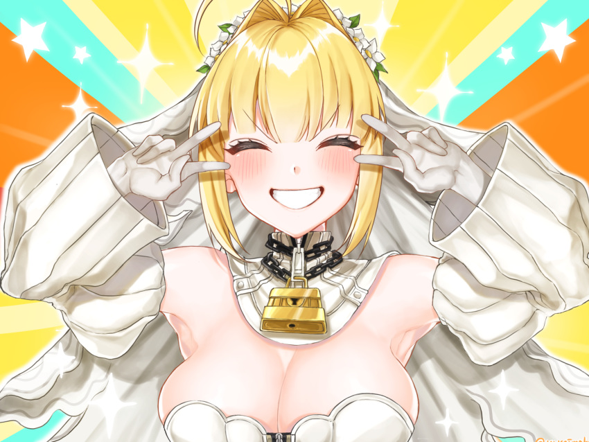 ^_^ ahoge armpits blush breasts bridal_veil chains cleavage closed_eyes commentary_request detached_sleeves double_v emotional_engine_-_full_drive fate/extra fate/extra_ccc fate/grand_order fate_(series) female flower gloves grin hair_flower hair_intakes hair_ornament highres lock nero_claudius_(bride)_(fate) nero_claudius_(bride)_(second_ascension)_(fate) nero_claudius_(fate) nero_claudius_(fate/extra) no_bra skindentation smile solo v veil white_gloves yayoi_maka