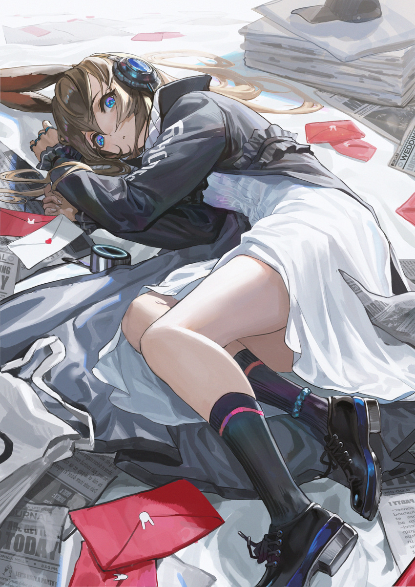 amiya_(arknights) amiya_(newsgirl)_(arknights) animal_ears arknights black_coat black_footwear black_socks blue_eyes brown_hair clothes_writing coat dress envelope female hair_spread_out headphones heart highres infection_monitor_(arknights) jewelry kneehighs long_hair long_sleeves looking_at_viewer love_letter lying newspaper official_alternate_costume on_side open_clothes open_coat parted_lips ponytail rabbit_ears rabbit_girl ring shoes socks solo ttk_(kirinottk) very_long_hair white_dress