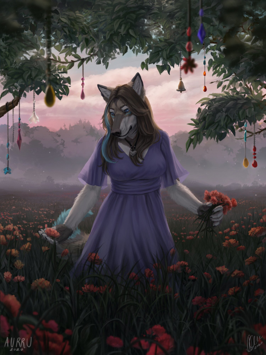 2020 5_fingers anthro aurru big_breasts blue_eyes breasts canid canine canis clothed clothing day detailed_background digital_media_(artwork) echo_(echoic) eyebrows eyelashes female fingers grass hi_res mammal outside plant sky smile solo wolf