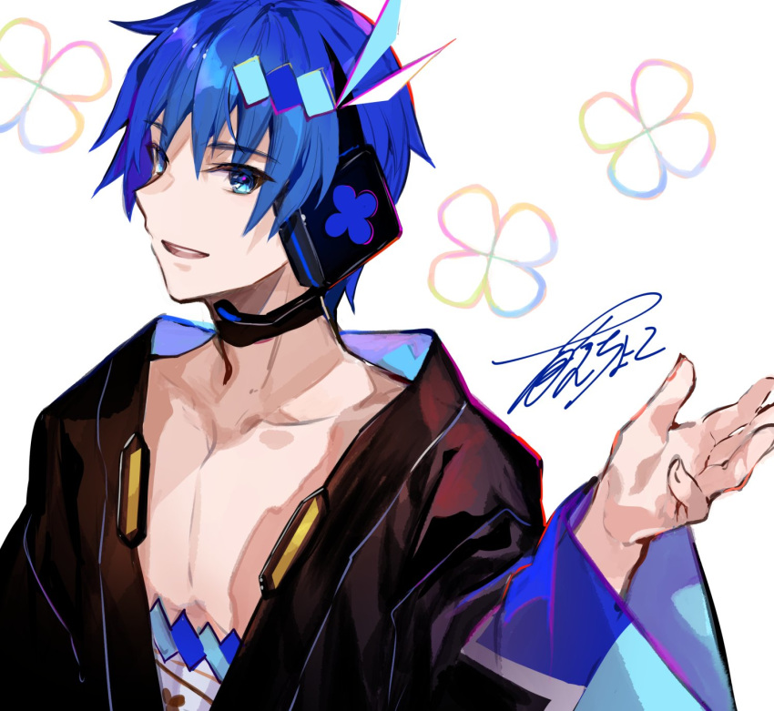 1boy black_robe blue_eyes blue_hair cherry_blossom_print commentary floral_print fuzichoco headphones highres japanese_clothes kaito_(vocaloid) looking_at_viewer magical_mirai_(vocaloid) magical_mirai_kaito magical_mirai_kaito_(2020_summer) male_focus midriff_sarashi open_clothes open_robe robe sarashi signature smile vocaloid white_background