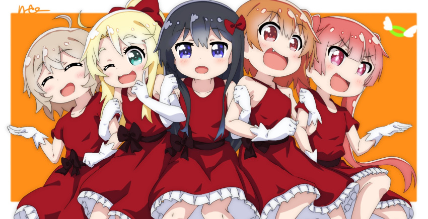 5girls :3 ahoge bad_id bad_pixiv_id black_hair blonde_hair blue_eyes closed_eyes commentary cowboy_shot dress elbow_gloves finger_to_face gloves green_eyes hair_ribbon halter_dress halterneck happy_happy_friends highres himesaka_noa hoshino_hinata konomori_kanon light_brown_hair locked_arms long_hair looking_at_viewer multiple_girls oerba_yun_fang one_eye_closed open_mouth orange_background orange_hair petticoat pink_eyes red_dress red_eyes red_hair ribbon sash sekitsuki_hayato shirosaki_hana short_hair sidelocks signature simple_background smile standing tanemura_koyori twintails watashi_ni_tenshi_ga_maiorita! white_gloves