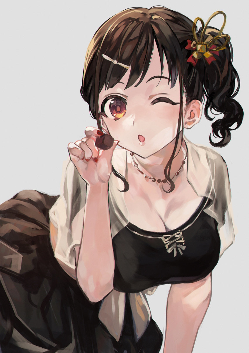 ;o black_dress blush breasts brown_hair capelet chocolate cleavage dress female fingernails food highres holding holding_chocolate holding_food idolmaster idolmaster_shiny_colors large_breasts leaning_forward looking_at_viewer nail_polish one_eye_closed otsudou see-through see-through_capelet shirt side_ponytail simple_background solo sonoda_chiyoko wavy_hair white_background