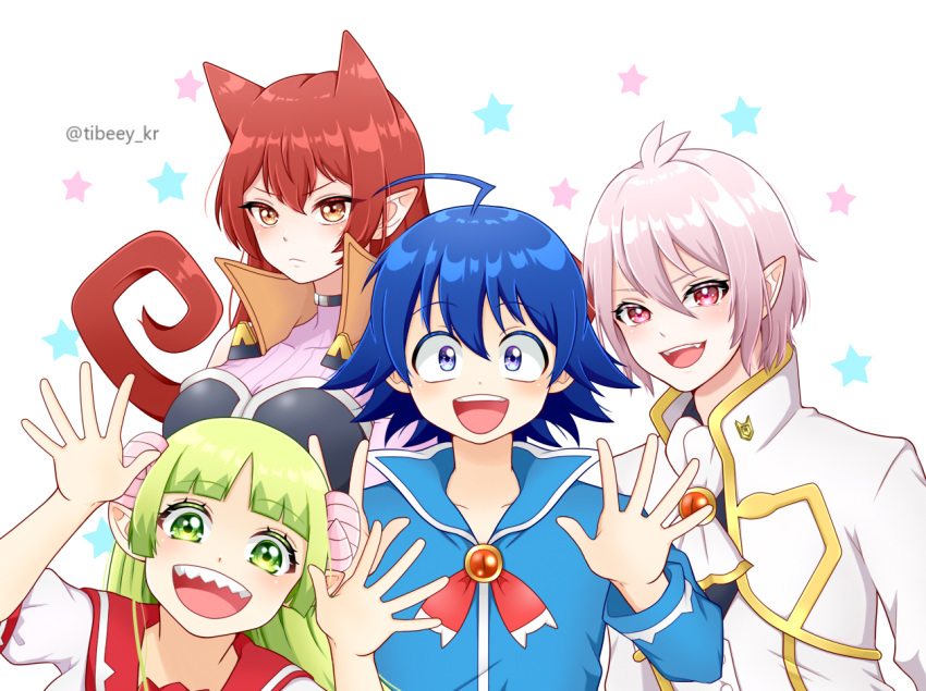 2boys 2girls :d ahoge asmodeus_alice azazel_ameri babyls_school_uniform bad_id bad_pixiv_id blue_eyes blue_hair blue_jacket breasts commentary_request demon_boy demon_girl fangs green_eyes green_hair hair_horns hands_up horns jacket large_breasts long_hair mairimashita!_iruma-kun multiple_boys multiple_girls open_mouth pink_eyes pink_hair pointy_ears red_eyes red_hair school_uniform serafuku sharp_teeth smile star_(symbol) suzuki_iruma teeth tibi09 twitter_username valac_clara white_background white_jacket